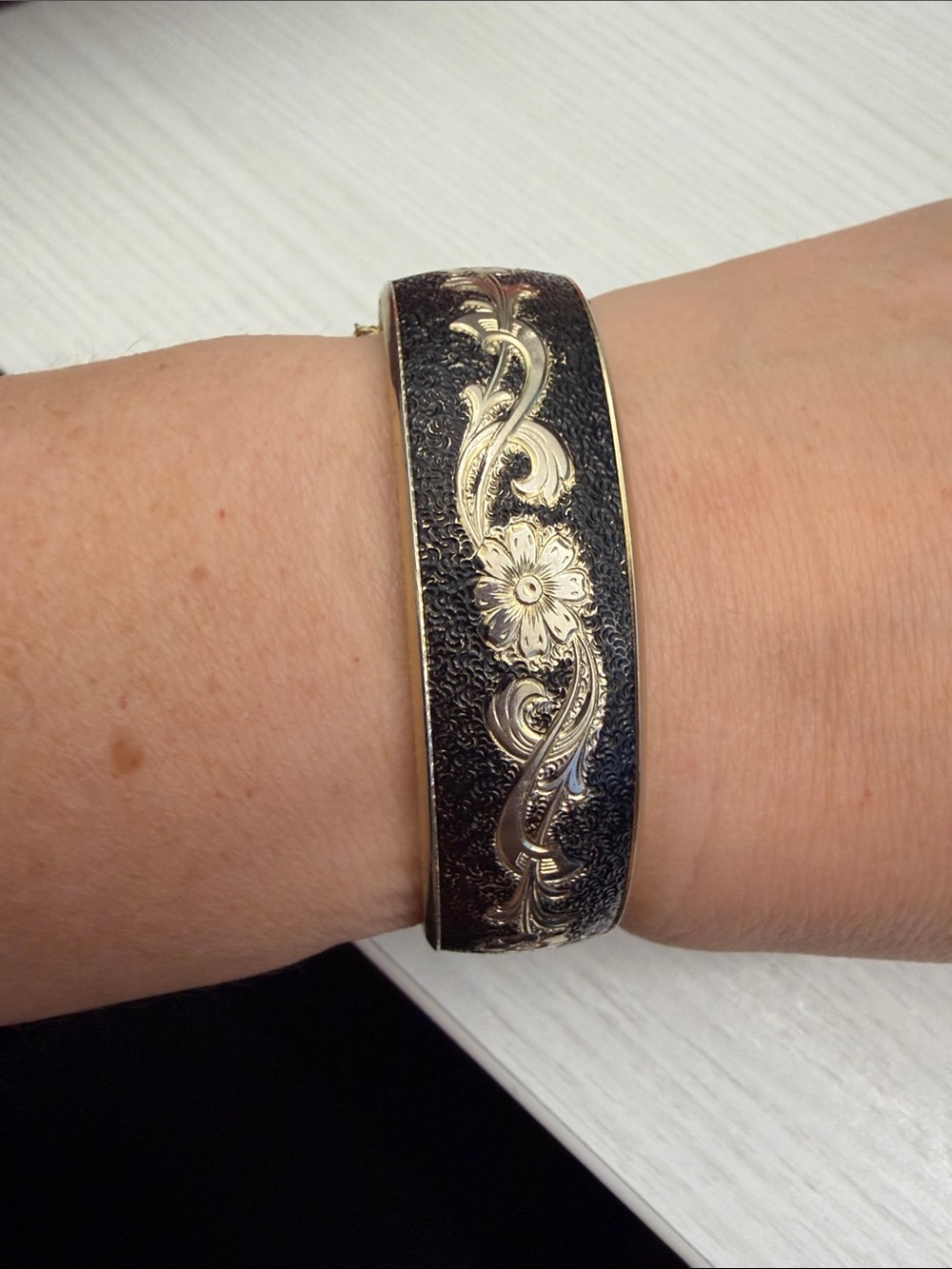 Gold Floral-Accent Black Cuff Bracelet